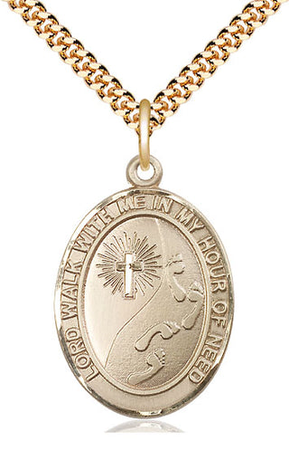 14kt Gold Filled Footprints Cross Medal Catholic Jewelry Engraved Catholic Saint Jewelry