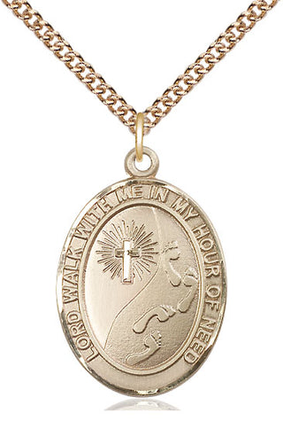 14kt Gold Footprints Cross Medal Engraved Catholic Saint Jewelry