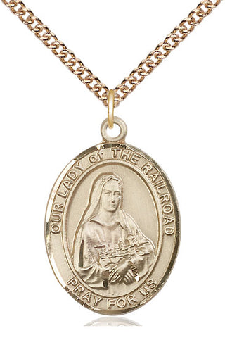 14kt Gold Our Lady of the Railroad Medal Engraved Catholic Saint Jewelry