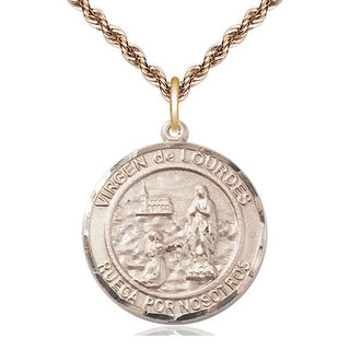 14kt Gold Virgen de Lourdes Medal Engraved Catholic Saint Jewelry