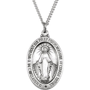 Sterling Silver 23x16 MM Oval Miraculous Medal 18" Necklace