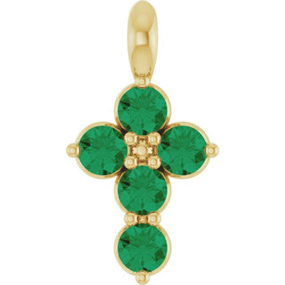 14K Yellow Lab-Grown Emerald Cross Pendant