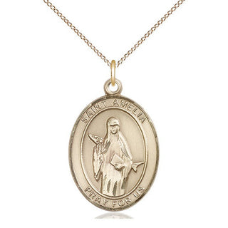 14kt Gold Saint Amelia Medal Engraved Catholic Saint Jewelry