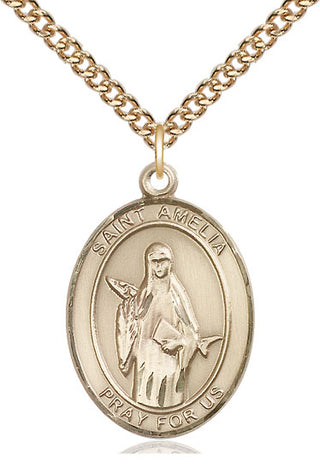 14kt Gold Saint Amelia Medal Engraved Catholic Saint Jewelry