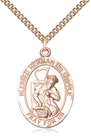 14kt Gold Blessed Herman the Cripple Medal Engraved Catholic Saint Jewelry