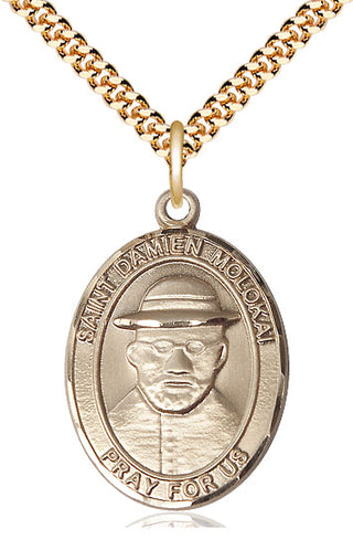 14kt Gold Filled Saint Damien of Molokai Medal Catholic Jewelry Engraved Catholic Saint Jewelry