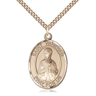 14kt Gold Filled Saint Winifred of Wales Medal Catholic Jewelry Engraved Catholic Saint Jewelry