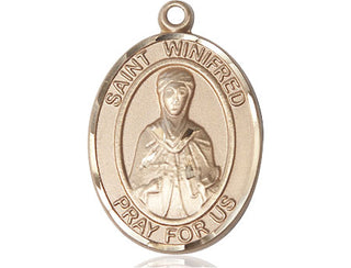14kt Gold Saint Winifred of Wales Medal Engraved Catholic Saint Jewelry