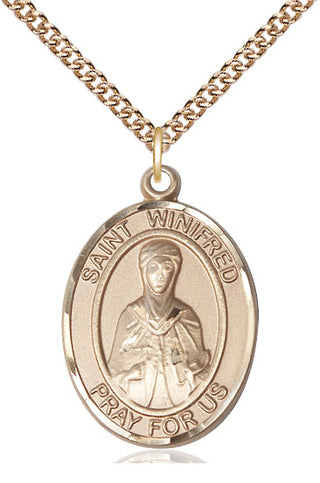 14kt Gold Saint Winifred of Wales Medal Engraved Catholic Saint Jewelry