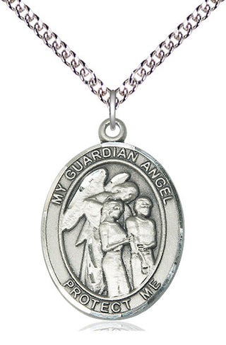 Sterling Silver Guardian Angel w/Children Medal Catholic Jewelry Engraved Catholic Saint Jewelry
