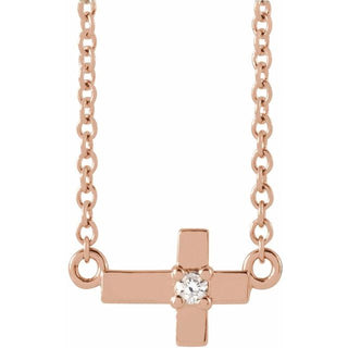 14K Rose .015 CT Natural Diamond Sideways Cross 18" Necklace