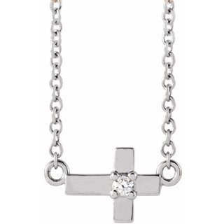 14K White .015 CT Natural Diamond Sideways Cross 18" Necklace
