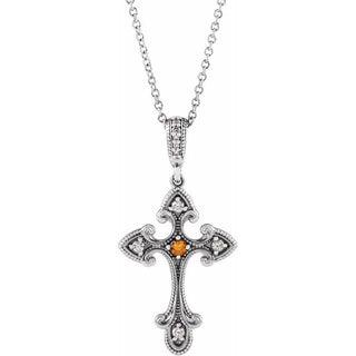 14K White Natural Citrine & .06 CTW Natural Diamond Cross 16-18" Necklace 