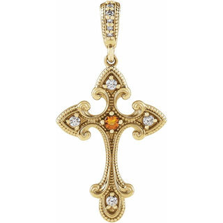 14K Yellow Natural Citrine & .06 CTW Natural Diamond Cross Pendant