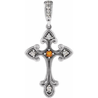 Sterling Silver Natural Citrine & .06 CTW Natural Diamond Cross Pendant