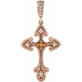 14K Rose Natural Citrine & .06 CTW Natural Diamond Cross Pendant
