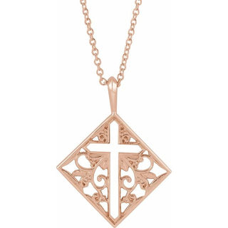 14K Rose Ornate Pierced Cross 16-18" Necklace