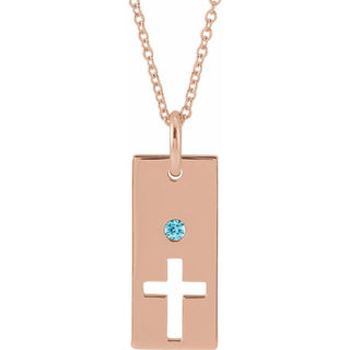 14K Rose Natural Blue Zircon Cross Bar 16-18" Necklace