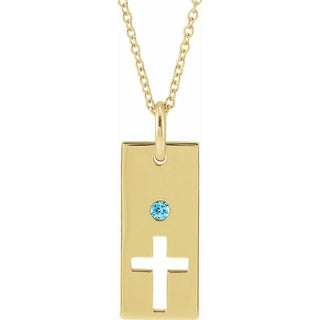 14K Yellow Natural Blue Zircon Cross Bar 16-18" Necklace
