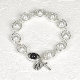 4-pack - White Faux Pearl and Silver tone Oval Rosary Stretch Bracelet