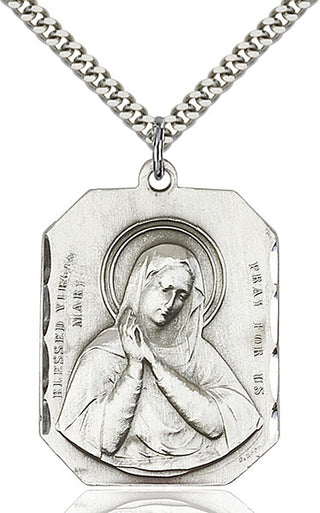 Sterling Silver Blessed Virgin Pendant on an 24-inch Light Rhodium Heavy Curb Chain