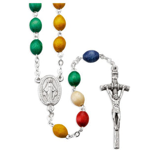 Italian Oval Wood Mission Rosary, 5x7mm Multicolored Beads, Boxed