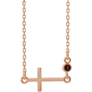 14K Rose Garnet Sideways Accented Cross 16-18" Necklace