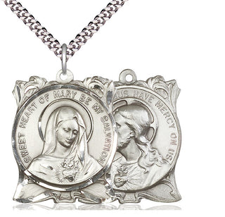 Sterling Silver Immaculate Heart of Mary Pendant on an 24-inch Light Rhodium Heavy Curb Chain