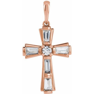 14K Rose 3/8 CTW Natural Diamond Baguette Cross Pendant