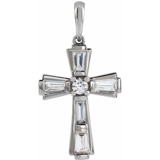 14K White 3/8 CTW Natural Diamond Baguette Cross Pendant