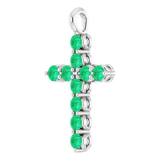 14K White Lab-Grown Emerald Cross Pendant