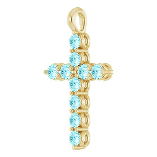 14K Yellow Natural Blue Zircon Cross Pendant