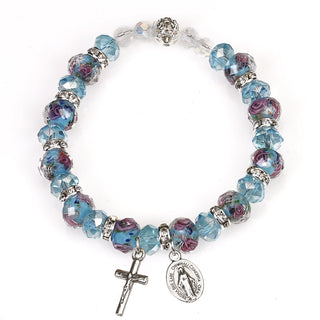 Light Blue Crystal Stretch Bracelet with Pink Rose Painted Beads