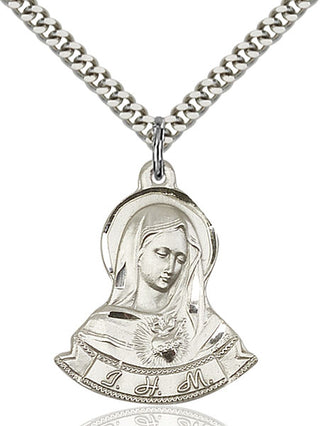 Sterling Silver Immaculate Heart of Mary Pendant on an 24-inch Light Rhodium Heavy Curb Chain