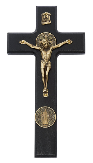 9-inch Black Wood Crucifix with Antique Bronze St. Benedict Corpus