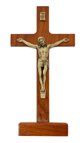 8-inch Walnut Stained Wood with Antique Bronze Corpus Standing Crucifix