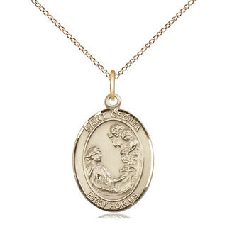 14kt Gold Saint Cecilia Medal Engraved Catholic Saint Jewelry
