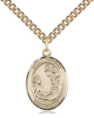14kt Gold Saint Cecilia Medal Engraved Catholic Saint Jewelry
