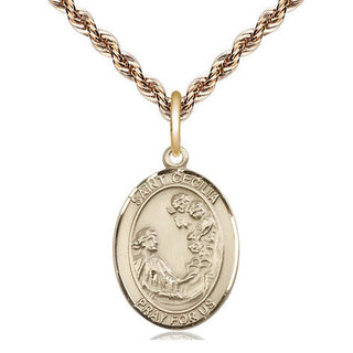 14kt Gold Saint Cecilia Medal Engraved Catholic Saint Jewelry
