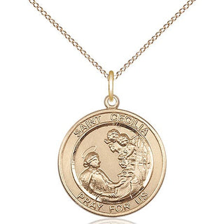14kt Gold Saint Cecilia Medal Engraved Catholic Saint Jewelry