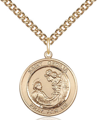 14kt Gold Saint Cecilia Medal Engraved Catholic Saint Jewelry