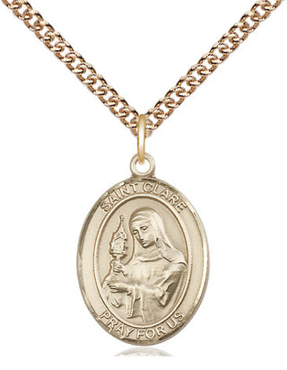 14kt Gold Saint Clare of Assisi Medal Engraved Catholic Saint Jewelry