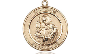 14kt Gold Saint Clare of Assisi Medal Engraved Catholic Saint Jewelry