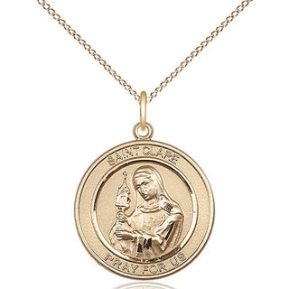 14kt Gold Saint Clare of Assisi Medal Engraved Catholic Saint Jewelry