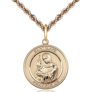 14kt Gold Saint Clare of Assisi Medal Engraved Catholic Saint Jewelry