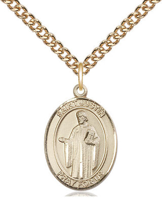 14kt Gold Saint Justin Medal Engraved Catholic Saint Jewelry