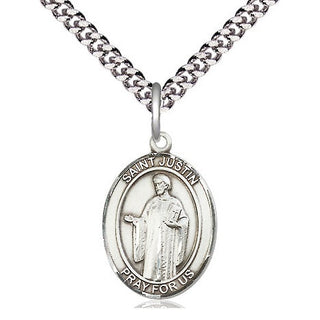 Pewter Saint Justin Medal Religious Jewelry Engraved Catholic Saint Jewelry