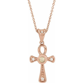 14K Rose Natural White Opal & .04 CTW Natural Diamond Ankh Cross 16-18' Necklace