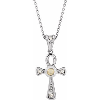 14K White Natural White Opal & .04 CTW Natural Diamond Ankh Cross 16-18' Necklace