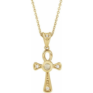 14K Yellow Natural White Opal & .04 CTW Natural Diamond Ankh Cross 16-18' Necklace